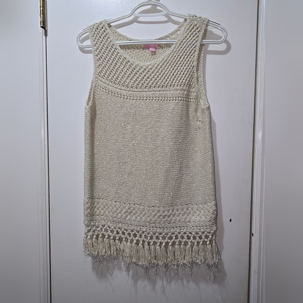 LILLY PULITZER LIMON Womens Small Metallic Gold Sleeveless Fringe Sweater - Picture 2 of 6